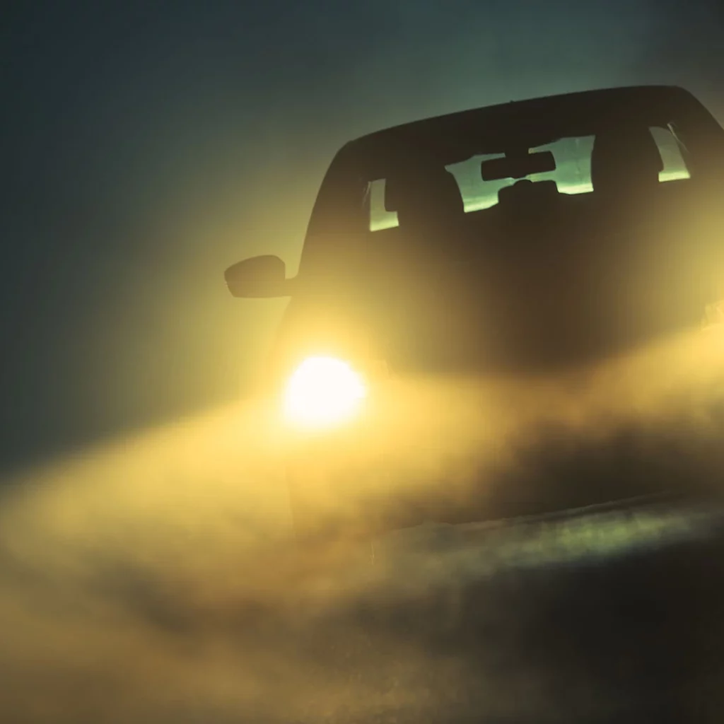 Front view of a car with headlights on